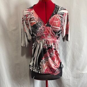 Elegant V-Neck Floral Blouse - Black, White, Pink